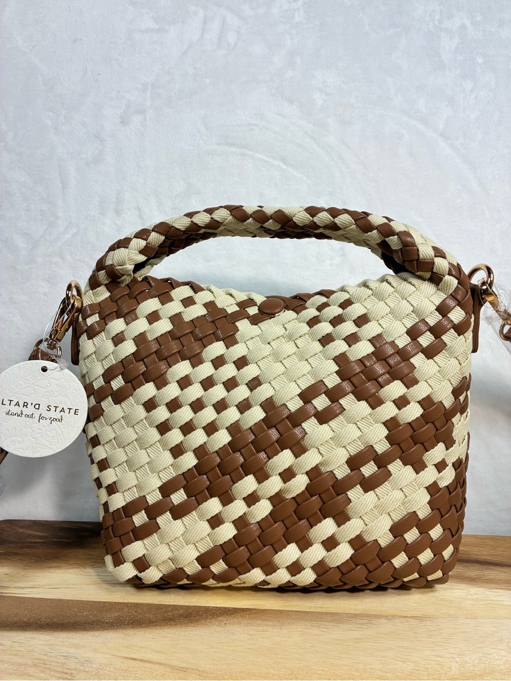 Altar'd State Woven Checkered Brown Ivory Crossbody Handbag